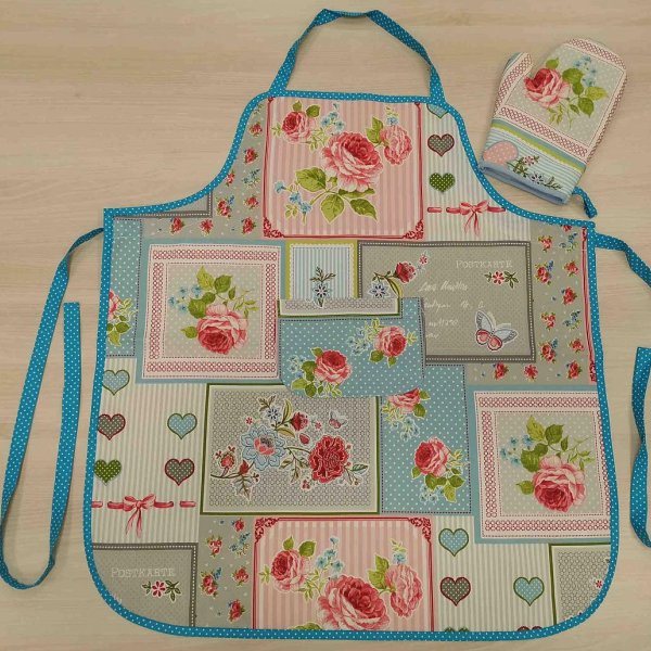 Virágos kötény kesztyűvel