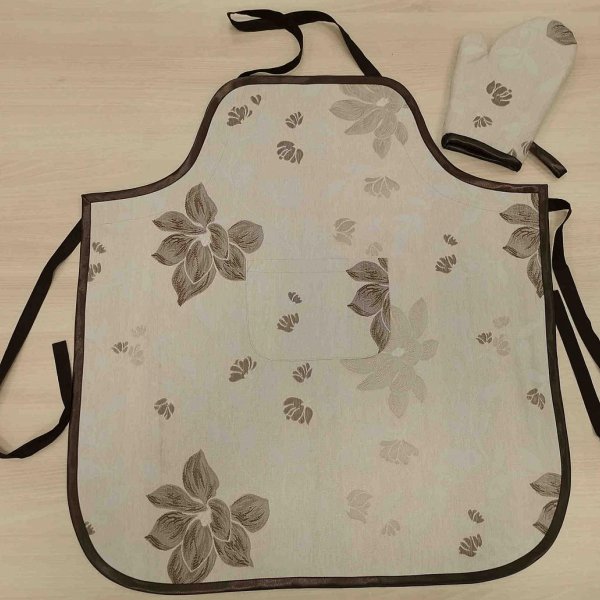 Barna virágos kötény kesztyűvel